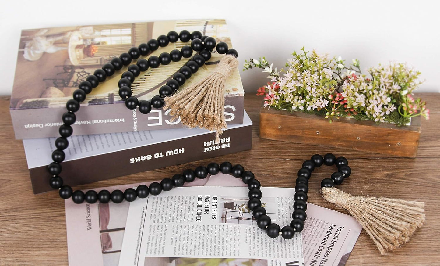 58in Wood Bead Garland with Tassels, Farmhouse Rustic Country Decor, Prayer Boho Wall Hanging Decoration (Black)