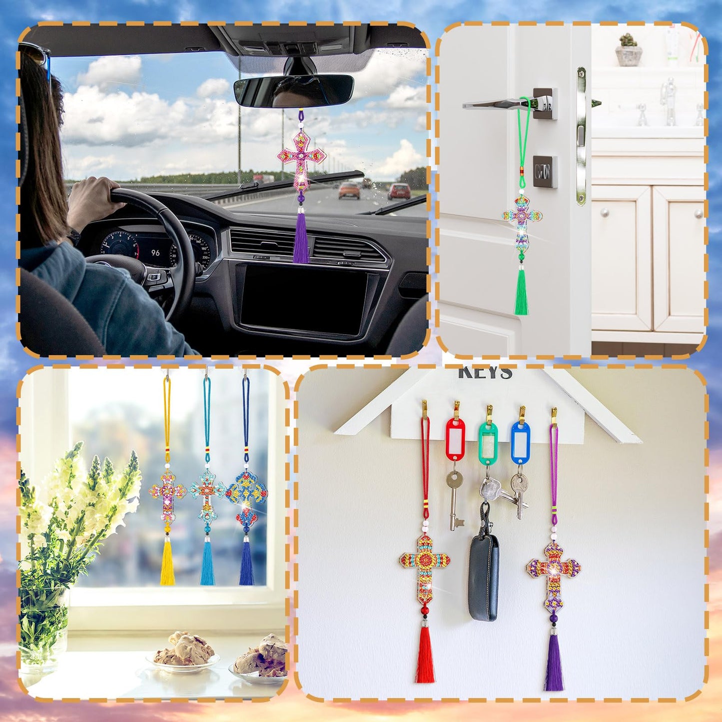 JenPen 12 Pcs Cross Diamond Art Kits Car Ornaments Double Sided Religious Cross Diamond Painting DIY 5d Christmas Painting Keychains Kits for Adults DIY Crafts