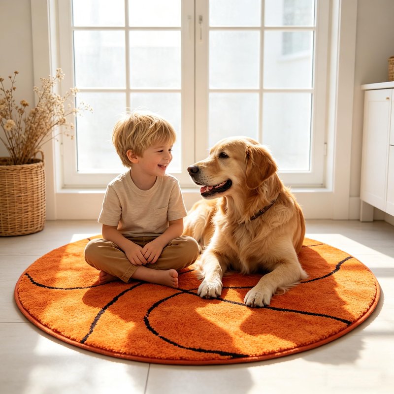 Fancytan Round Basketball Rug for Boys Bedroom, Washable Sports Round Rug for Kids Room, Basketball Room Decor, Orange (‌2'8", Round)