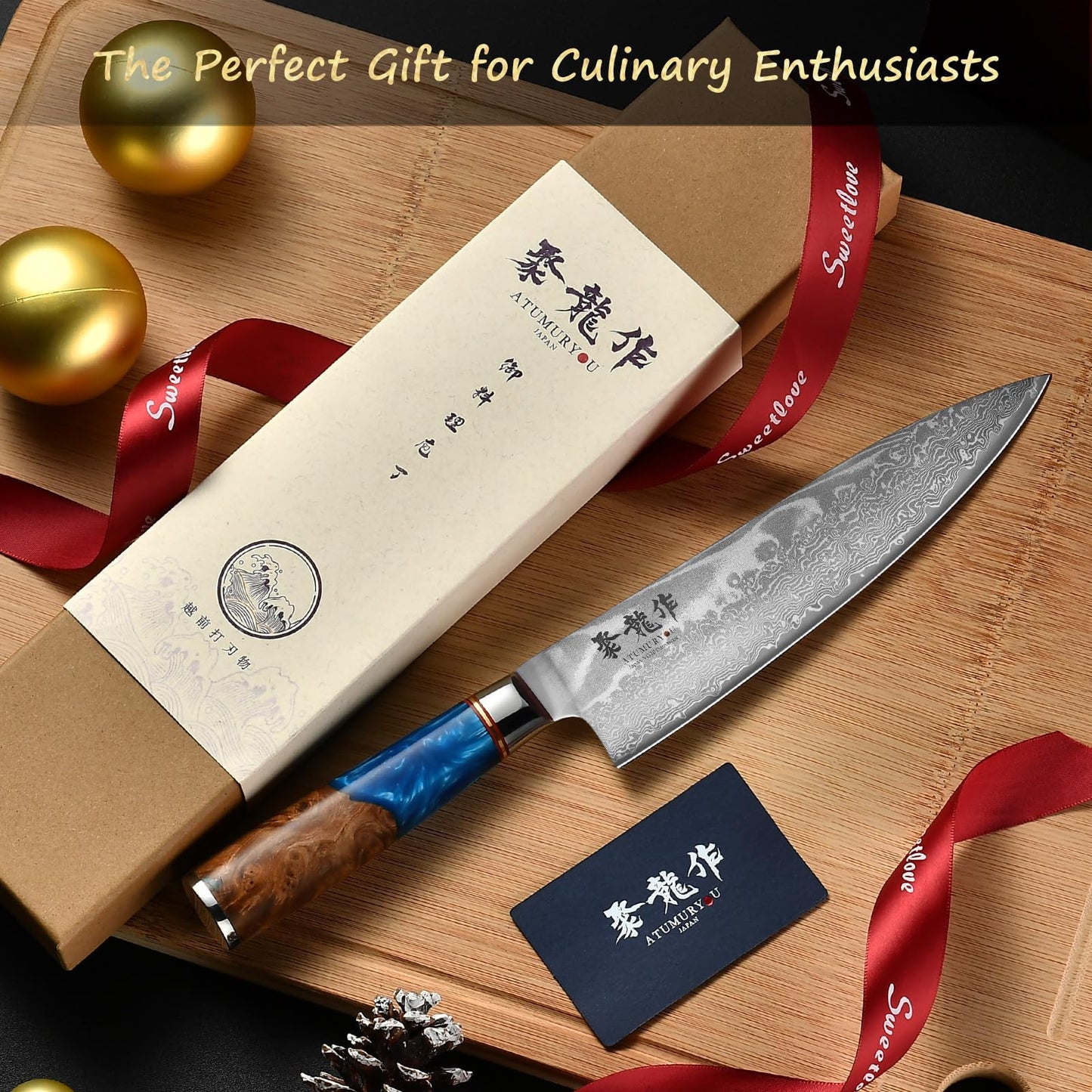 ATUMURYOU Japanese Chef Knife, 8 Inch Damascus Kitchen Knife with VG10 Steel, Ultra Sharp Professional Cooking Knives with Resin Wood Handle, Perfect Father Day Gifts