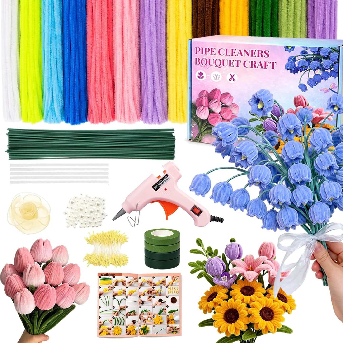 Vorplick Pipe Cleaner Flower Kit, 950 Pcs Pipe Cleaners Craft, Chenille Stems for DIY Flower Making Kit with Instructions, Floral Wires, Stamen& Ribbon for Adults and Kids