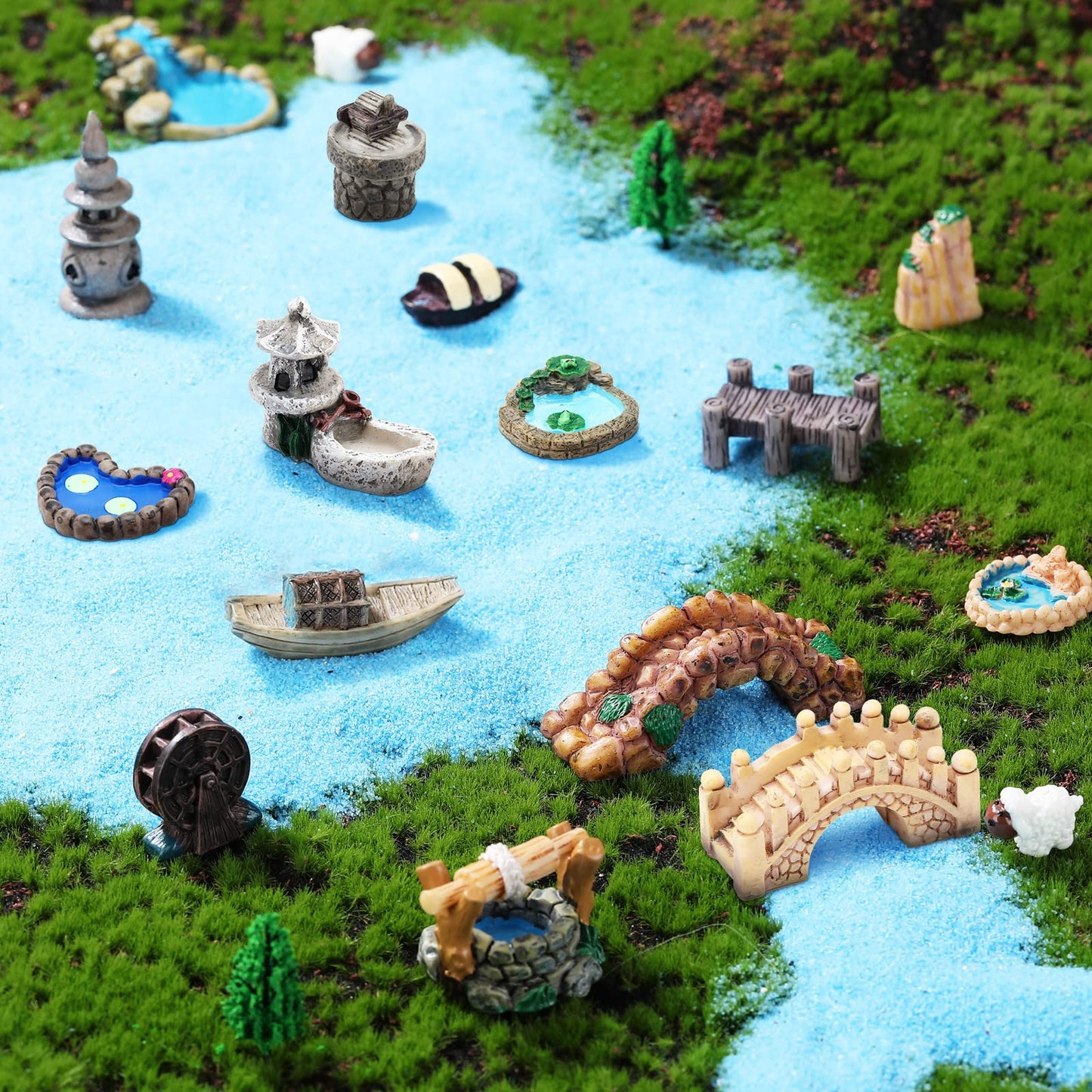 Meooeck 24 Pcs Miniature Garden Accessories Mini Fairy Bridge Figurines Pond Garden Decor Micro Landscape Lighthouse Water Well Ornament for Yard DIY Craft Dollhouse