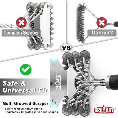 Grill Brush and Scraper Bristle Free – Safe BBQ Brush for Grill – 18'' Stainless Grill Grate Cleaner - Safe Grill Accessories for Porcelain/Weber Gas/Charcoal Grill – Gifts for Grill Wizard