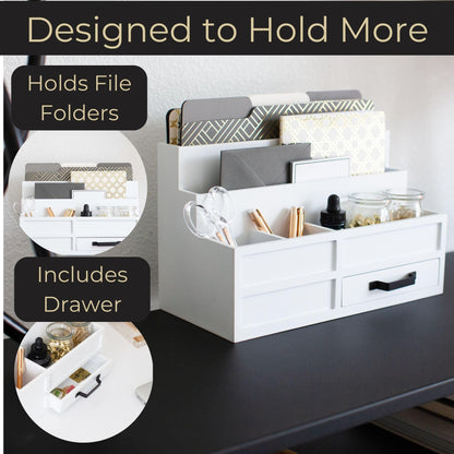 BLU MONACO White Desktop Organizer with Drawer – Paper Wood Bill & Mail Organizer for Office Desk, Countertop & Workspace Storage