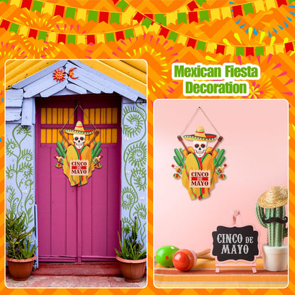 Menkxi 1 Pcs Cinco De Mayo Door Sign Decoration Mexican Skeleton Front Door Welcome Hanger Wreath Wooden Hanging Signs for Cinco De Mayo Party Supplies(Mexican Theme)
