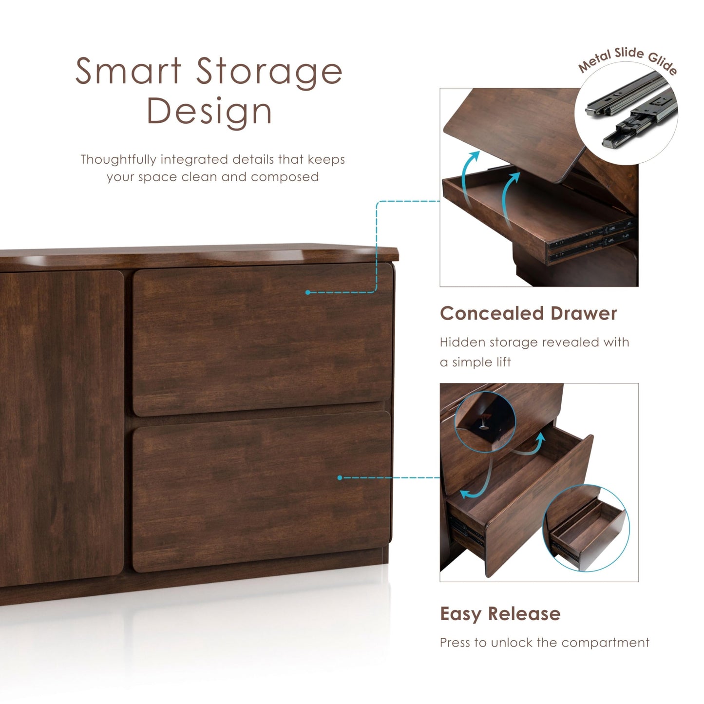 Furniture of America Nazaen II Mid-Century Modern Solid Wood 71-inch Sideboard Buffet Cabinet with Secret Hidden Drawers, Credenzas for Living Room, Dining Room, Office, Rich Walnut