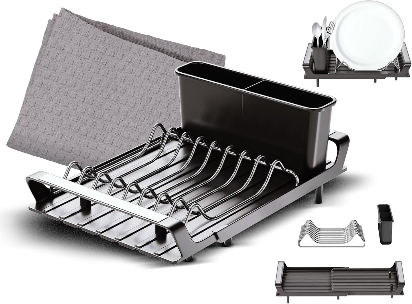 Cuisine Magnifique! Home Dish Drying Rack, Adjustable Length, Includes Kitchen Towel, French-Inspired Space-Saving
