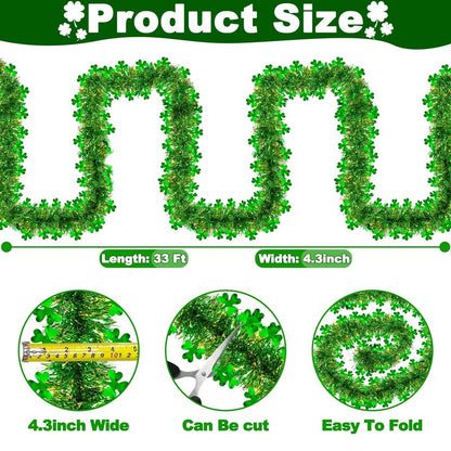 TURNMEON 33 Ft St. Patrick's Day Tinsel Garland Decorations Green Gold Shamrock Garland Clover Metallic Streamer Hanging St Patricks Day Decorations for Home Indoor Outdoor Irish Party Supplies