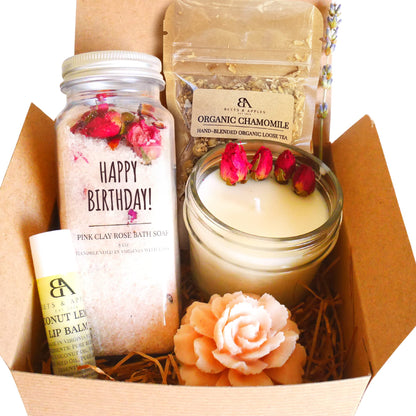 Beets and Apples Happy Birthday Gift Basket, Birthday Spa Gift Baskets for Women, Organic Spa Gift Set, Self Care Gift Basket for Birthday Gifts, Handmade in USA Unique Birthday Gifts Relaxation Gift (Happy B-Day)