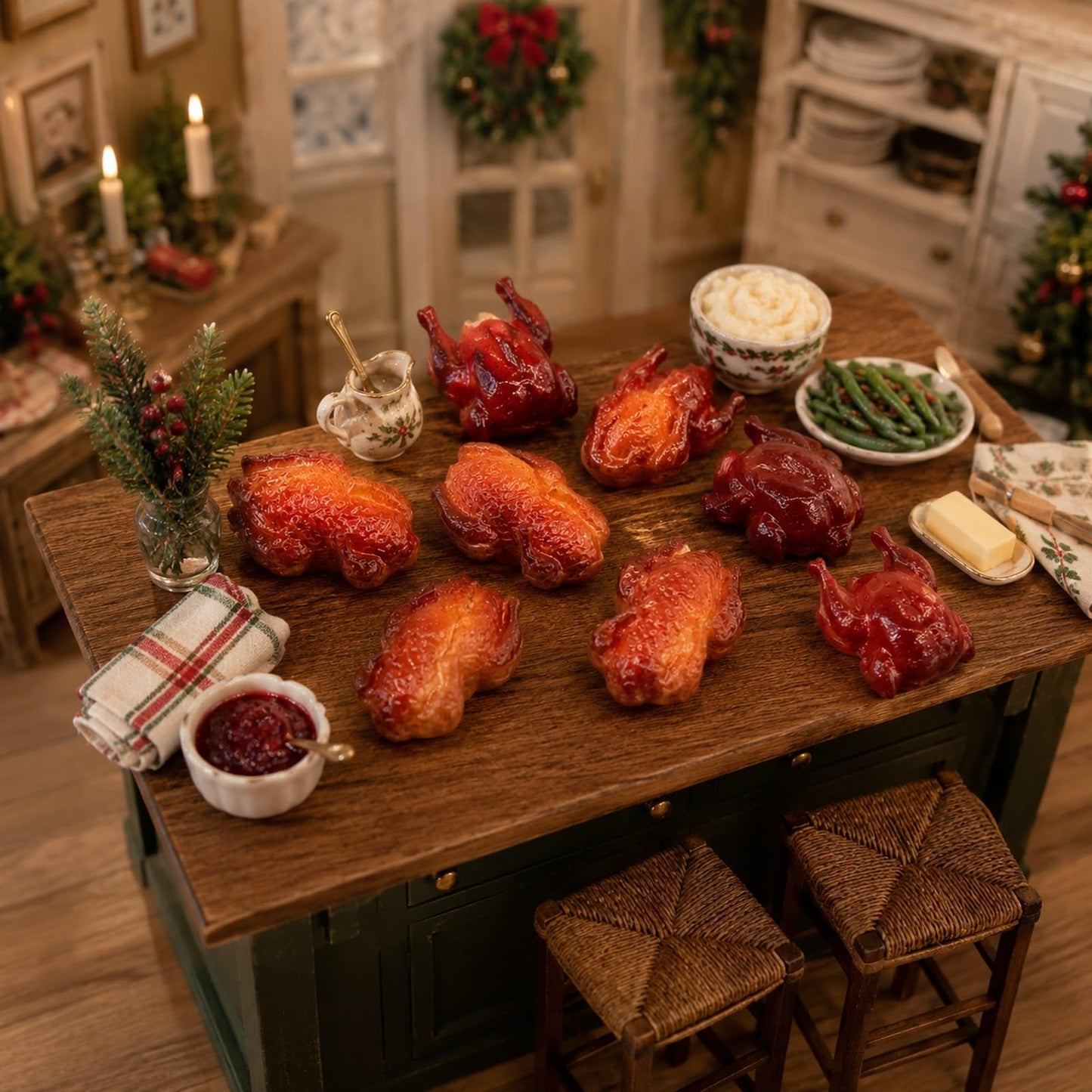 LOGOFUN 9PCS Dollhouse Miniature Food Play Christmas Roast Chicken Duck Goose Model Accessories for Micro Scene Kitchen Supplies