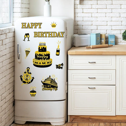 JarThenaAMCS Birthday Cruise Door Magnets Decoration Black Gold Happy Birthday Cruise Ship Magnetic Stickers for Cabin Ship Car Refrigerator Carnival Party Supplies, 16Pcs