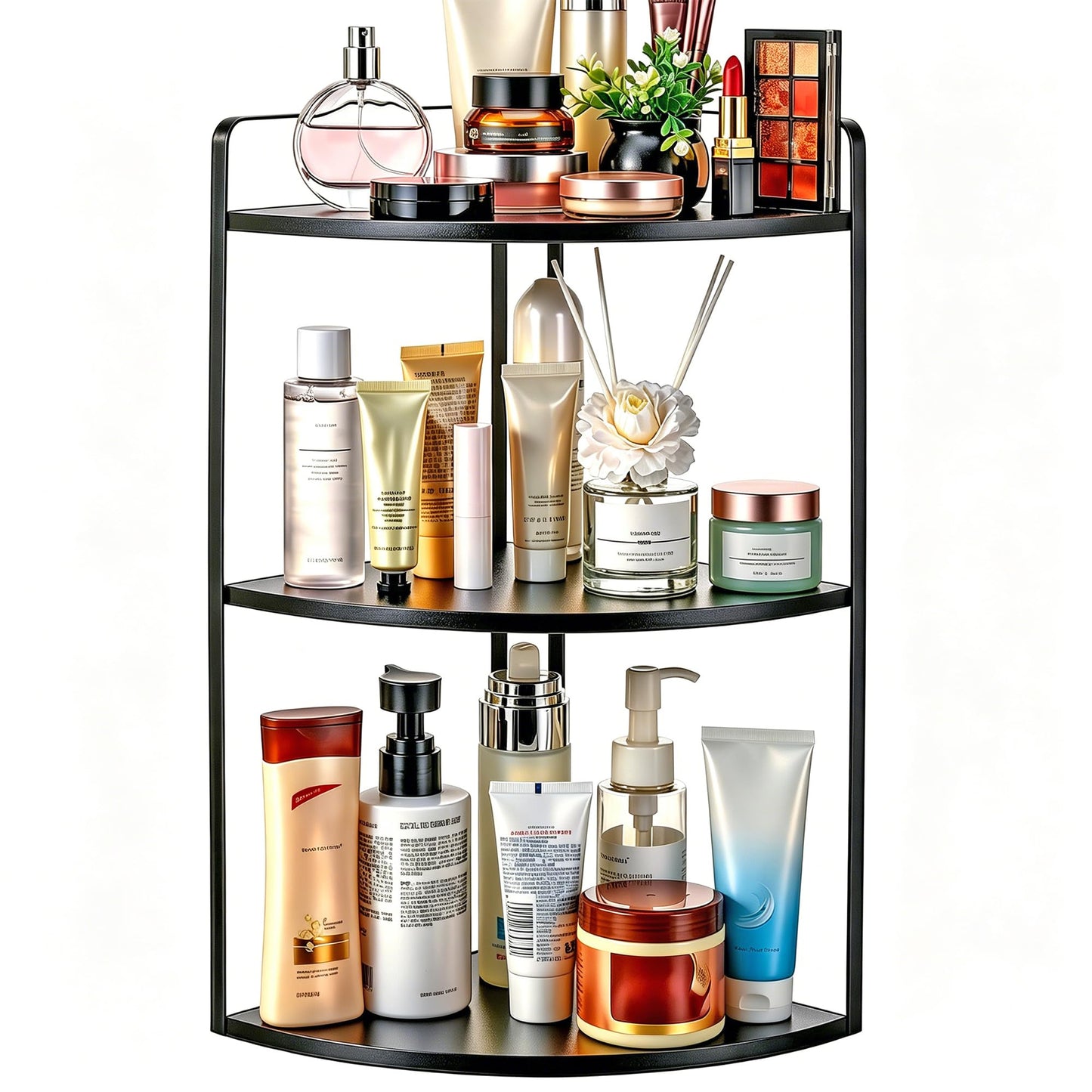 OKLILIYA 3 Tier Corner Bathroom Counter Organizer, Countertop Organizer, Makeup Organizer Countertop, Bathroom Storage Sink Shelf, Wooden and Metal Counter Shelf (Large Capacity-Black)