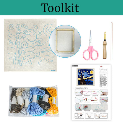 ZuoAnLF Punch Needle Kit with Hoop for Beginners, DIY Handmade Punch Needle Set with Yarn and Pattern Fabric, Relaxing Craft Activity for Adults and Teens, Home Décor & Gift Idea (Night)