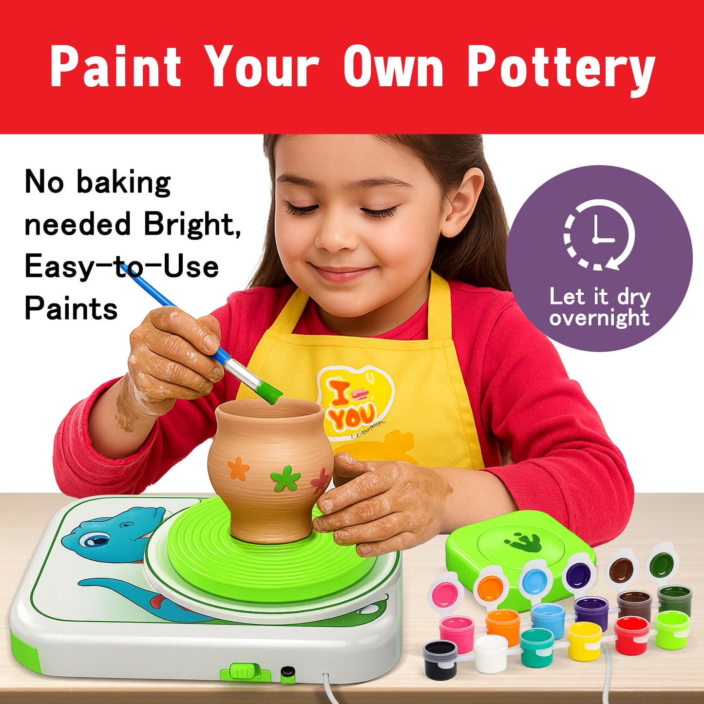 ROHSCE Pottery Wheel for Kids, Dinosaur Theme Pottery Studio Kit, Arts and Crafts for Boys and Girls Ages 5-12, Creative Holiday Gift with Non-Toxic Clay
