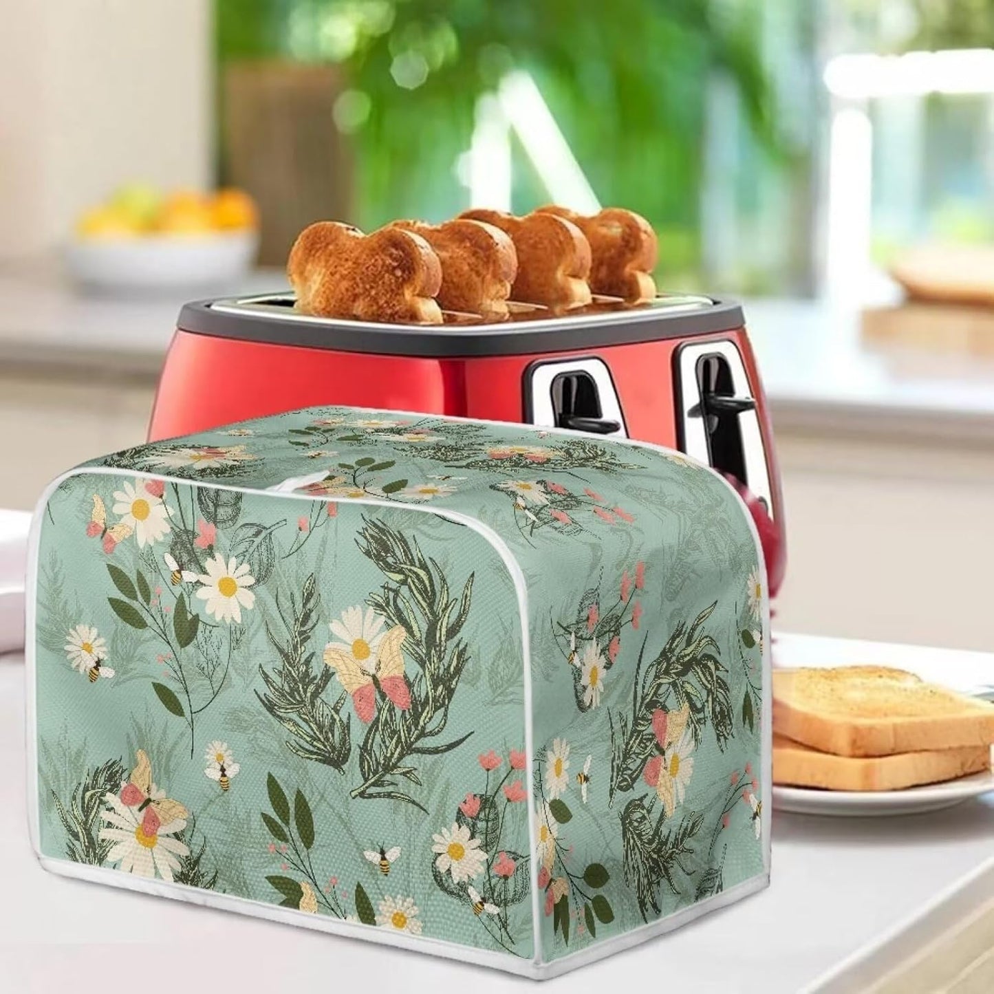Toaster Dust Cover 4 Slice, Stain Resistant Kitchen Appliance Cover with Top Handle, Daisy Bee Leaf Blue