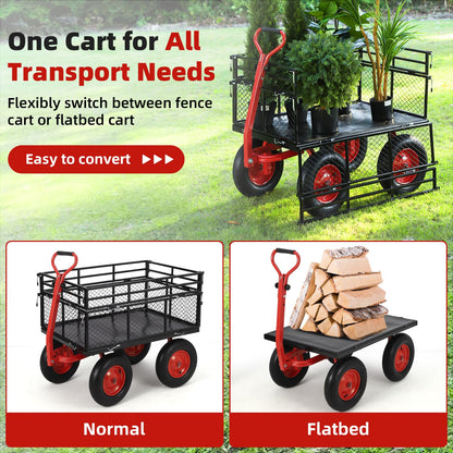 1400 lbs Steel Garden Cart, Heavy Duty Metal Yard Utility Wagon with Removable Mesh Sides, 2-in-1 180° Rotating Handle and 16 inch Wheels, Steel Utility Wagon Perfect for Garden, Farm, Yard