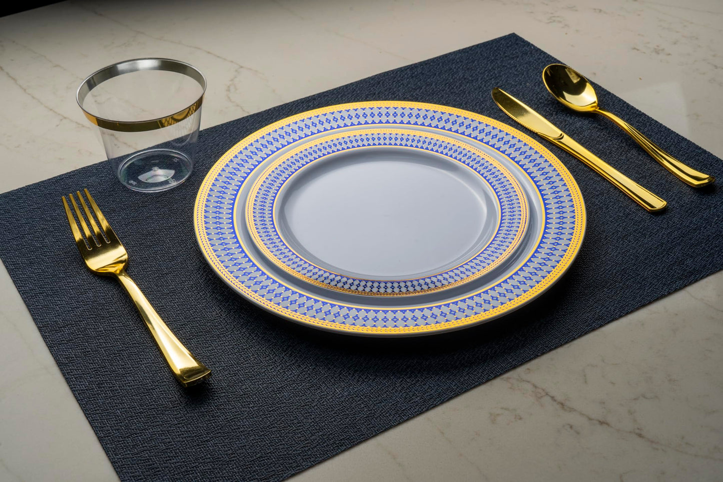 MONEST 350Pcs Blue and Gold Plastic Silverware Set for 50 Guests, Disposable Dinnerware Set includes: 50 Pre Rolled Napkins with Utensils, 50 Dinner Plates, 50 Dessert Plates, 50 Cups (Royal Sapphire)