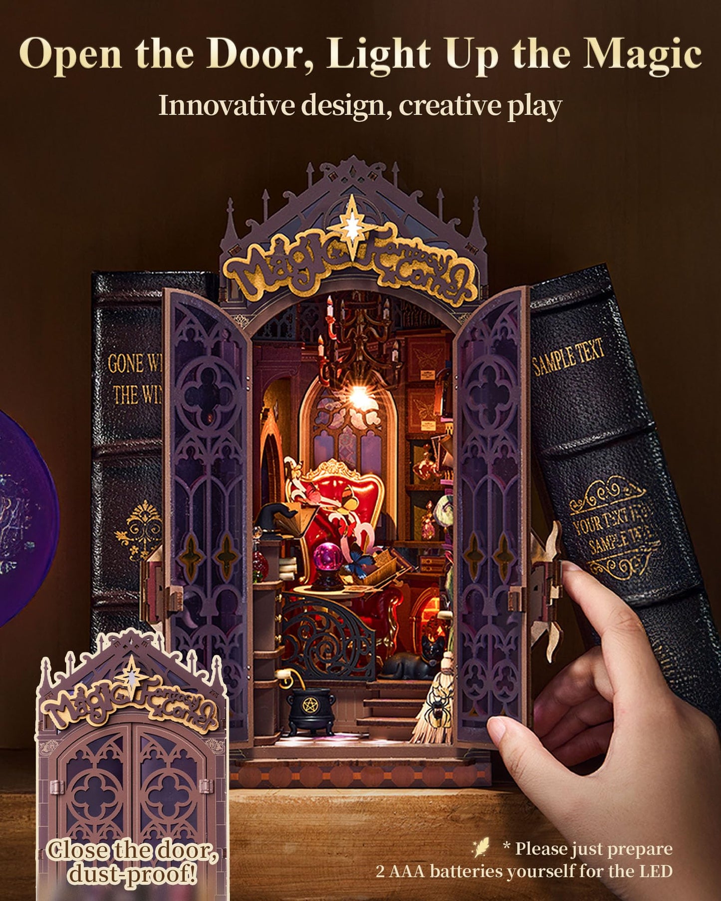 Rolife LED Book Nook Kit Magic Fantasy Corner, DIY Booknook Kit 3D Creative Decorative Bookend Bookshelf Insert, Halloween/Christmas Decorations/Gifts for Adults (Magic Fantasy Corner)