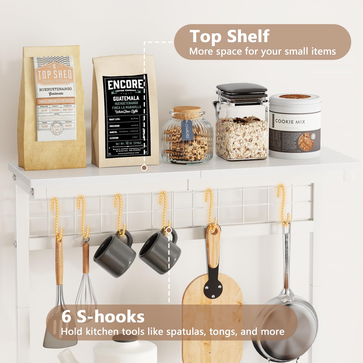 Furologee Kitchen Bakers Rack with Power Outlet, Microwave Oven Stand with Storage 4 Tiers, Coffee Bar Table with 6 S Hooks, Kitchen Storage Shelf Rack for Spices, Pots, Rustic Brown