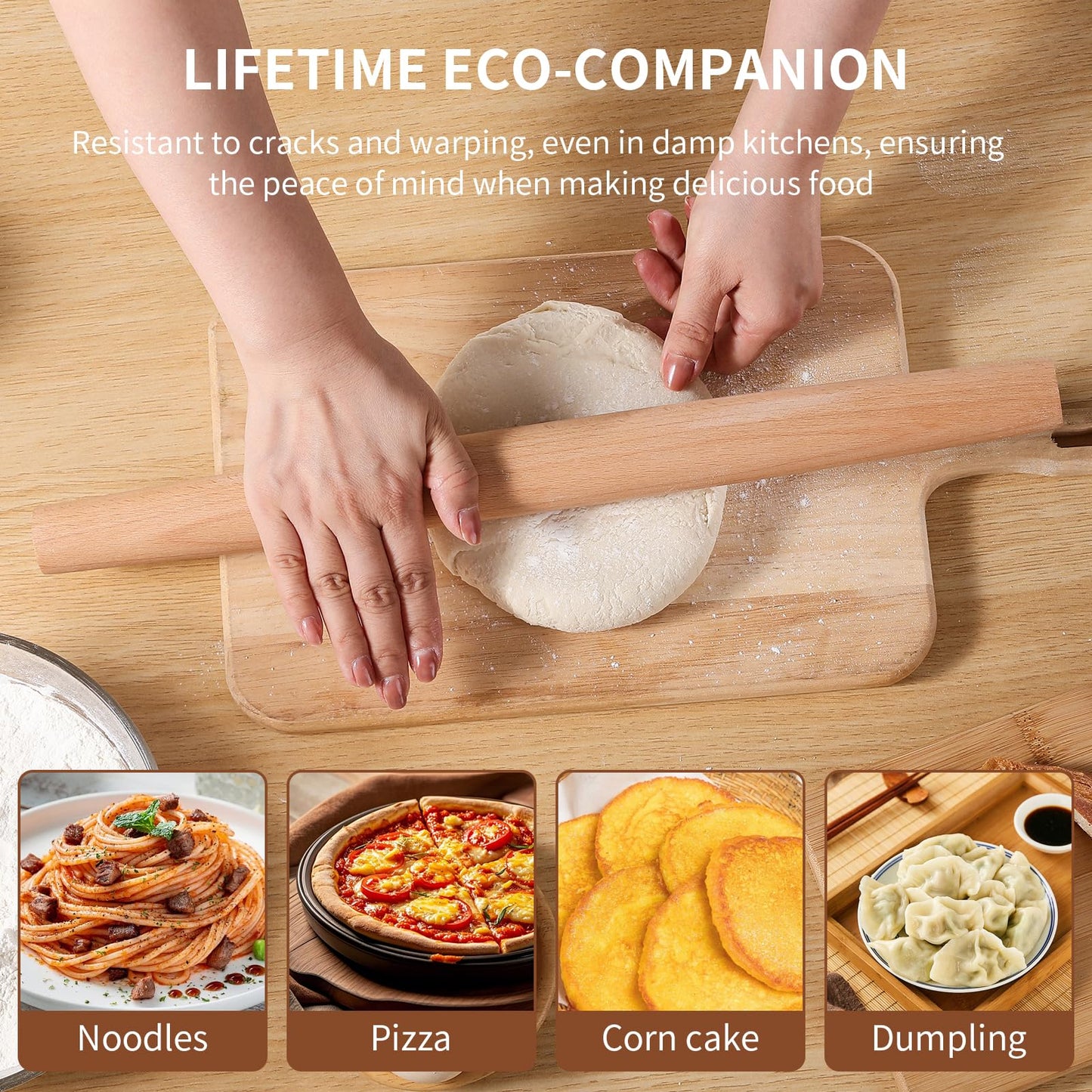French Rolling Pin (18.92Inches) –WoodenRoll Pin for Fondant, Pie Crust, Cookie, Pastry, Dough –Tapered Design & Smooth Construction - Essential Kitchen Utensil- Easy Clean Handle