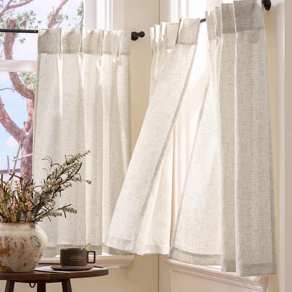 jinchan Linen Pinch Pleated Kitchen Curtains 30 Inch 2 Panels, Natural Linen Tier Curtains Back Tab Farmhouse Cafe, Light Filtering Small Window Drapes for Bathroom Laundry Room Beige