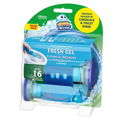 Scrubbing Bubbles Fresh Gel Toilet Cleaning Stamp, Rainshower, Dispenser with 12 Gel Stamps, 2.68 oz