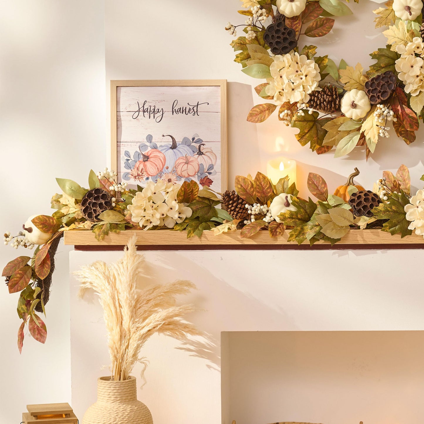 DecorbyHannah Thanksgiving Garland with Lights, 6 ft Artificial Fall Autumn Harvest Garland for Mantel, Fall Decor with Pumpkin Pinecone Lotus Maple Leaves for Front Door Table Fireplace Wall Outdoor