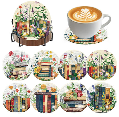 ijbnhd 8 Pcs Diamond Art Coasters Kits, Books Diamond Painting Coasters Kit with Holder, Diamonds Art Non Slip Coaster Crafts Kits for Adults Gifts 4x4 inch (Cork Wooden Pad)