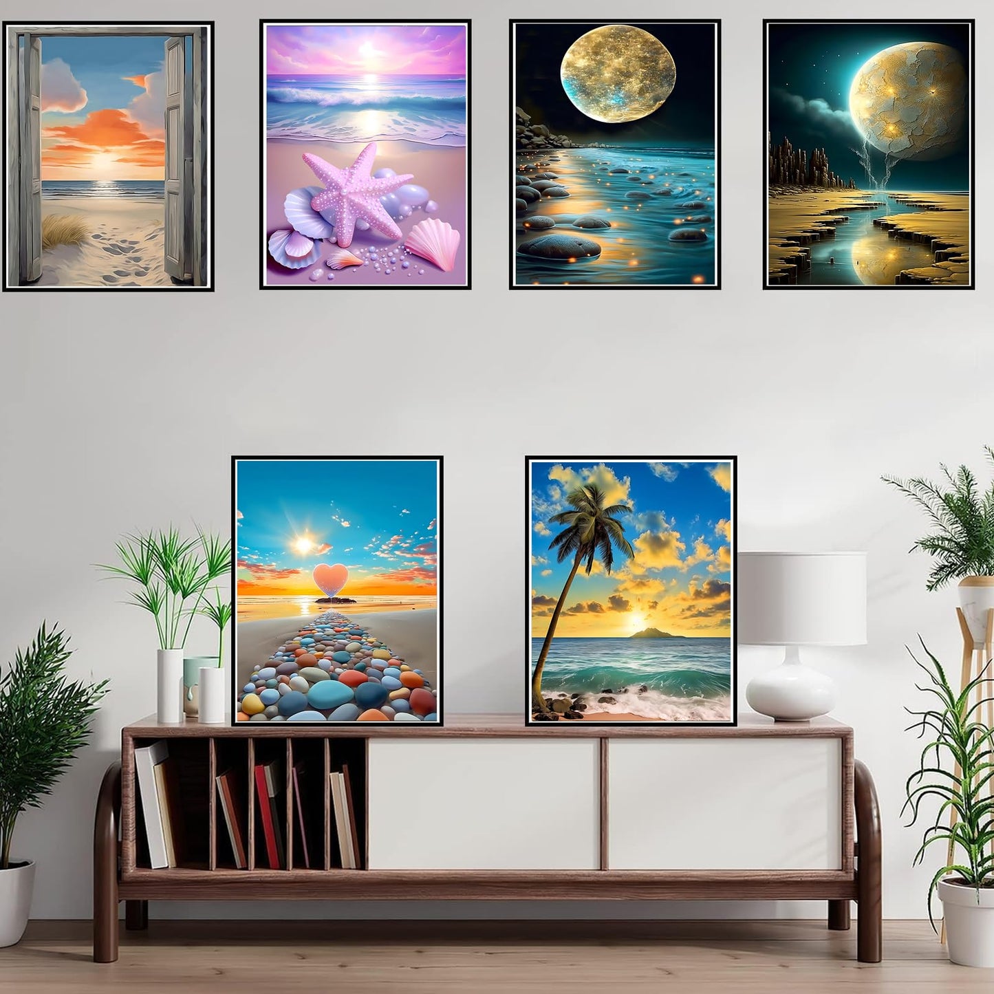DOTZSO Diamond Art Kits for Adults 6 PCS, DIY Full Diamond Art kit with Crystal Cross Stitch Picture Art and Craft for Adult Beginners 12x16 Inches (Landscape Beach Moon Lake Dream)