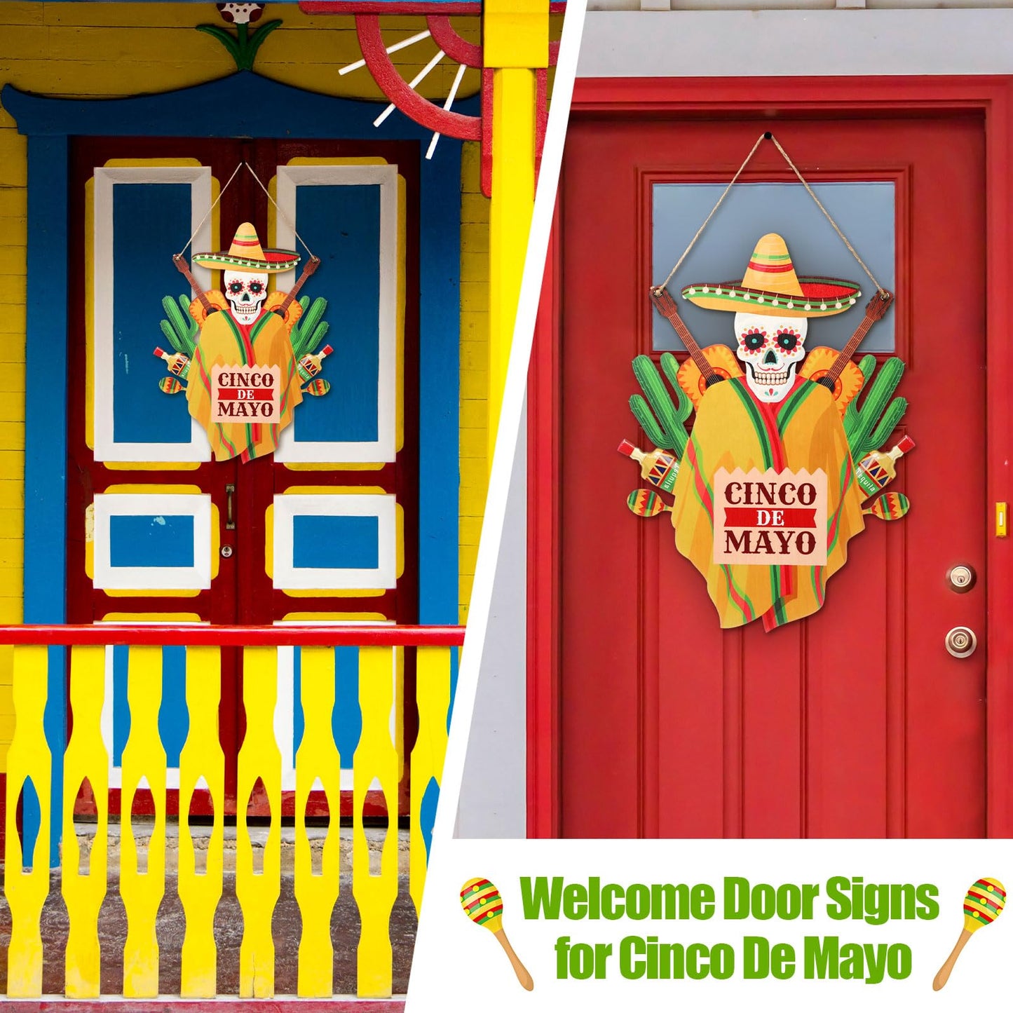 Menkxi 1 Pcs Cinco De Mayo Door Sign Decoration Mexican Skeleton Front Door Welcome Hanger Wreath Wooden Hanging Signs for Cinco De Mayo Party Supplies(Mexican Theme)