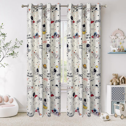 Cartoon Astronaut Semi Blackout Curtains for Kids Room Nursery Space Planets Patterns Printed Drapes for Bedroom Living Room Privacy Room Darkening Window Treatment Grommet Top 1 Panel W42 x L63 Inch
