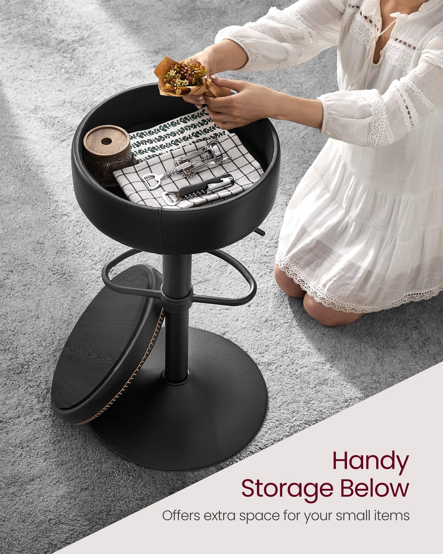 VASAGLE EKHO Collection - 360° Swivel Bar Stools Set of 4, Height Adjustable Barstools with Storage, Synthetic Leather with Stitching, Mid-Century Modern, Kitchen Bar, Easy Assembly, Ink Black