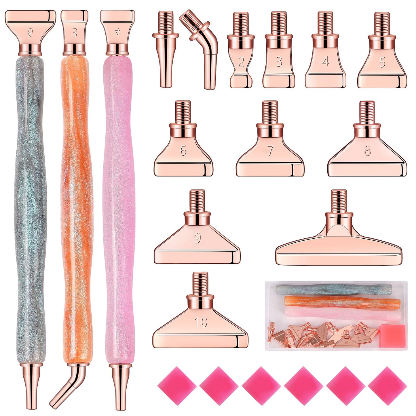 Snewvie Diamond Painting Pen Accessories Tools Set,3PCS Glitter Diamond Art Pen and 12Pcs Rosegold Metal Screw Thread Multi Placer Tips,Resin Diamond Painting Drill Pens for DIY Diamond Art