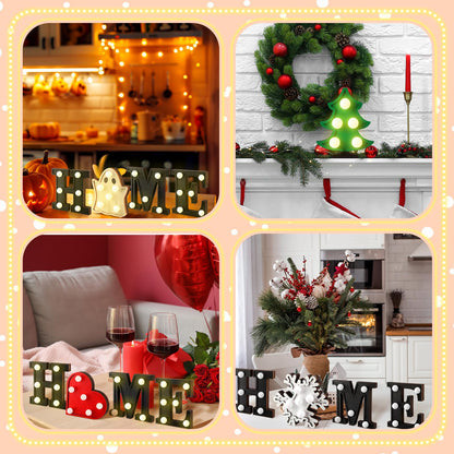 Aurelema Interchangeable Home Table Signs with 8 Pcs Seasonal Icons Wooden "home" Letter Signs with LED Marquee Light up 4th of July Table Decorations Decorative Centerpiece for Room Decoration