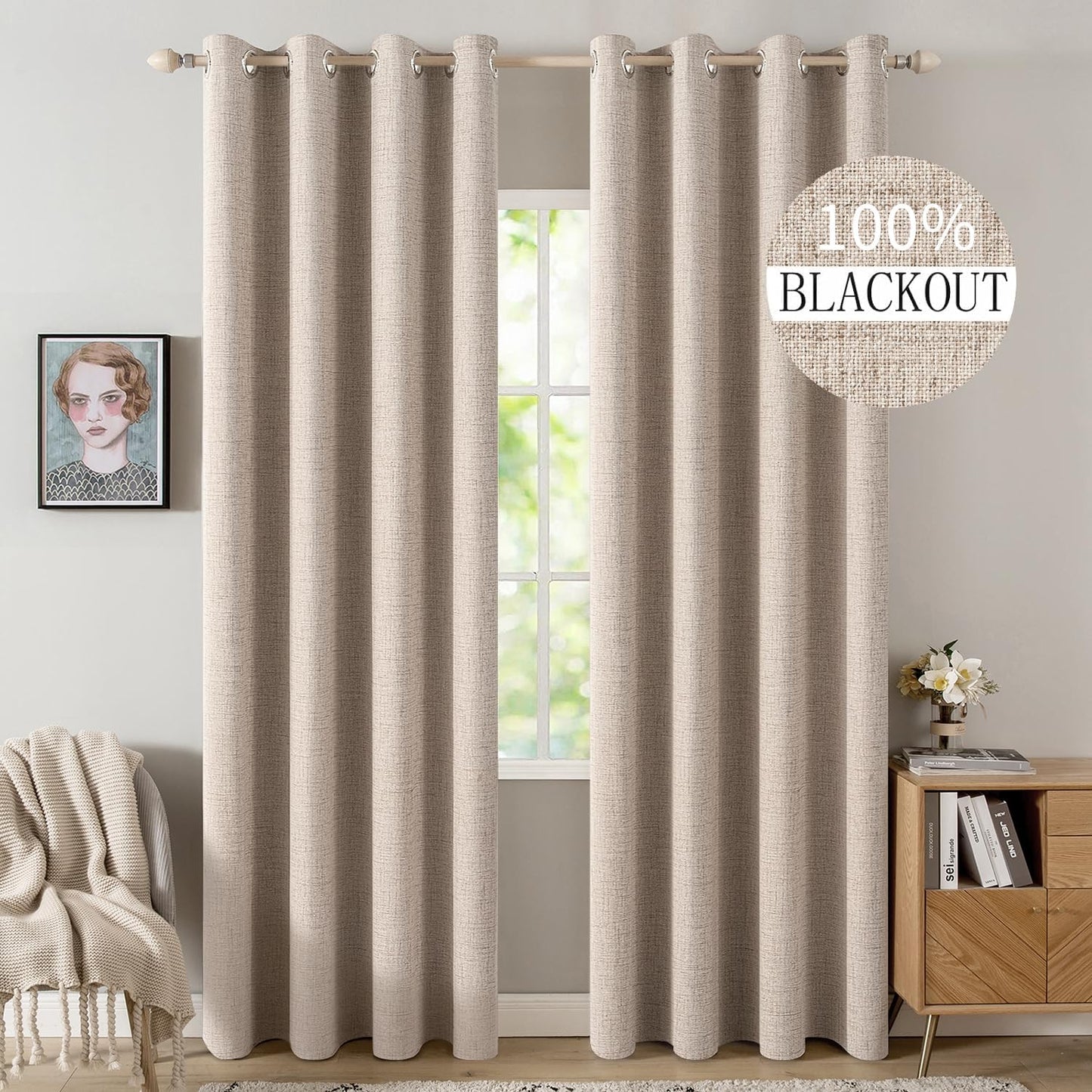 MIULEE 100% Blackout Linen Textured Curtains - Extra Long 100" Thermal Insulated Natural Beige | Luxury Room Darkening Drapes (2 Panels)