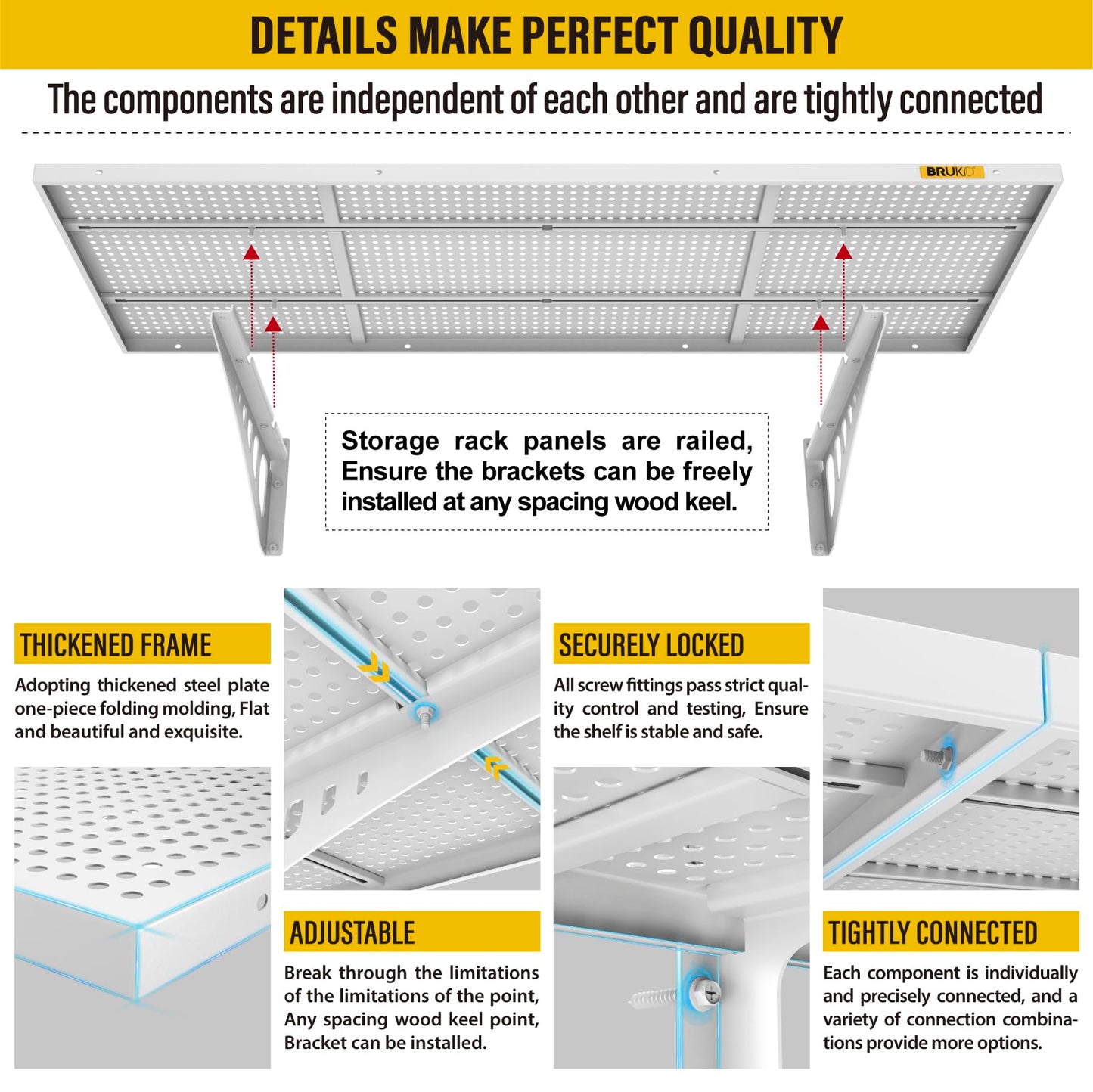 Brukid 4Pack 1.64x4ft Adjustable Metal Garage Wall Shelving Heavy Duty Garage Storage Shelf Wall Mounted White
