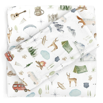 Pobibaby Premium Twin Full Sheets Sets, Kids Double Bed Sheets in Cotton Blend | Ultra-Soft Woodland Camping Print with Fitted Sheet, Flat Sheet & Pillowcases (Twin Explore)