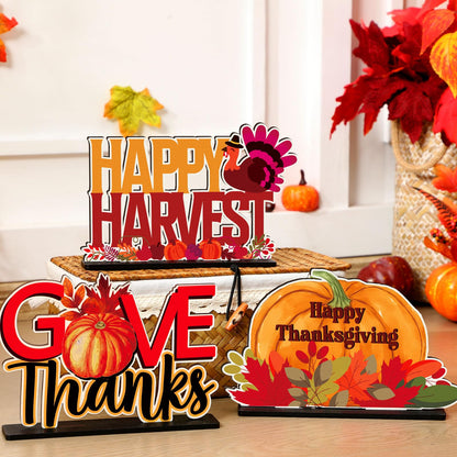 CroBlissful 6 Pcs Thanksgiving Wooden Table Decorations Happy Harvest Party Supplies Thanksgiving Turkey Pumpkin Table Centerpieces for Home Indoor Give Thanks Be Thankful Holiday Party Decor