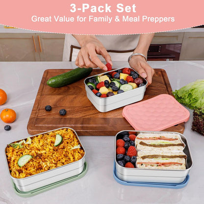 Caperci 25oz Stainless Steel Food Containers, 3-Pack Bento Lunch Box with Silicone Lids, Leak-Proof Reusable Meal Prep Container for Sandwiches & Snacks, BPA-Free (720ML)