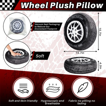 Meooeck 1 Pc Race Car Room Decor 3D Simulation Wheel Plush Pillow, 15.7 Inch Car Tire Big Soft Pillow Wheel Sofa Seat Toy for Boys Funny Bedroom Decorations Race Cars Party Gift (Classical)