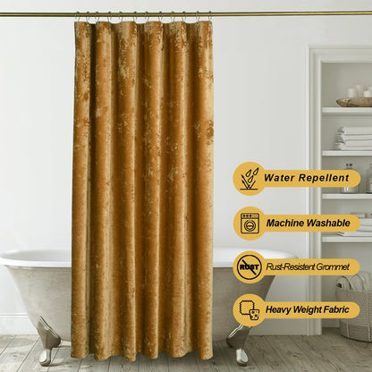 TAMGHO Mustard Gold Shower Curtain for Bathroom, Crushed Velvet Dark Mustard Yellow Shower Curtain with Gold Decro Metal Hooks, Machine Washable Thick Fabric, 72 x 72 inches