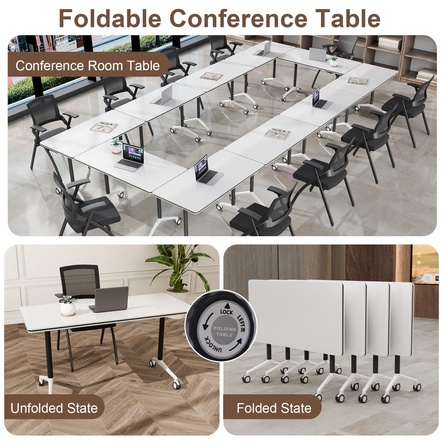 robwibw Folding Conference Room Table Modular Large Mobile Training Meeting Table Rolling Conference Tables with Wheels Seminar Tables for Office Training Classroom(6, Matte White, 63 INCH)
