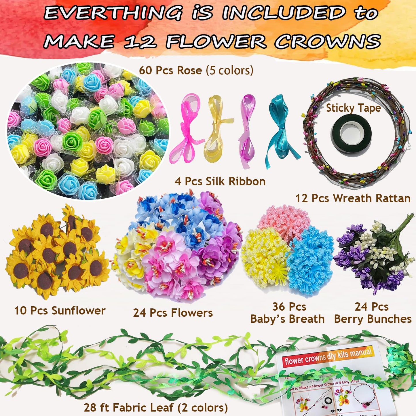 WUBOMJIO Flower Crowns Craft Kit, Make Your Own 12 PCs Floral Crowns Garland Handmade Arts and Crafts Kit, DIY Fairy Flower Headbands and Bracelets,Hair Accessories for Adult Women