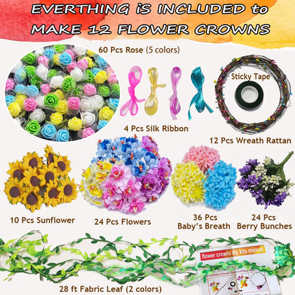 WUBOMJIO Flower Crowns Craft Kit, Make Your Own 12 PCs Floral Crowns Garland Handmade Arts and Crafts Kit, DIY Fairy Flower Headbands and Bracelets,Hair Accessories for Adult Women