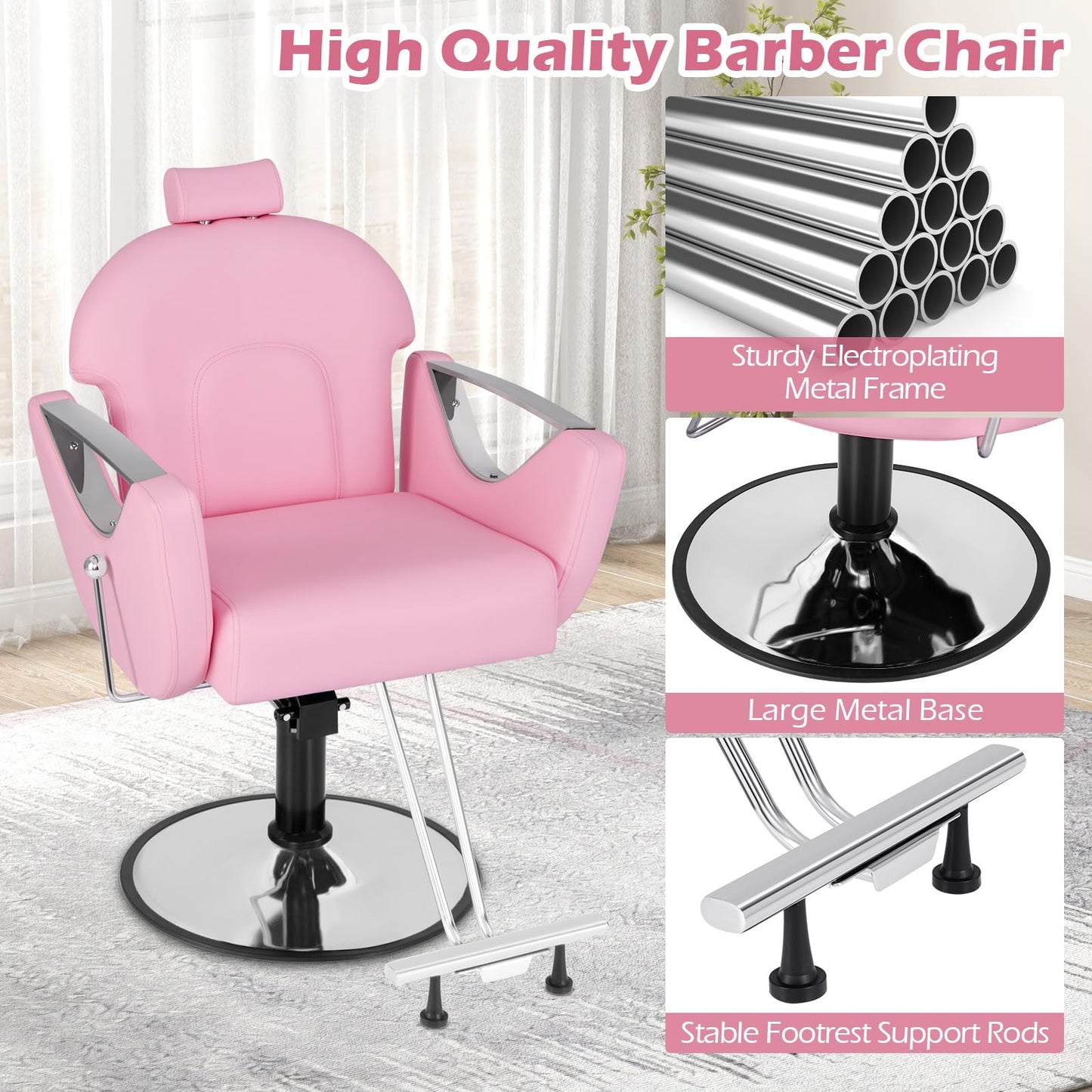 Giantex Reclining Barber Chair - Salon Chair for Hair Stylist, 360 Degrees Swivel, Adjustable Height & Headrest, Heavy Duty Hydraulic Pump, Hair Styling Chair for Makeup Facial Waxing Tattoo (Pink)