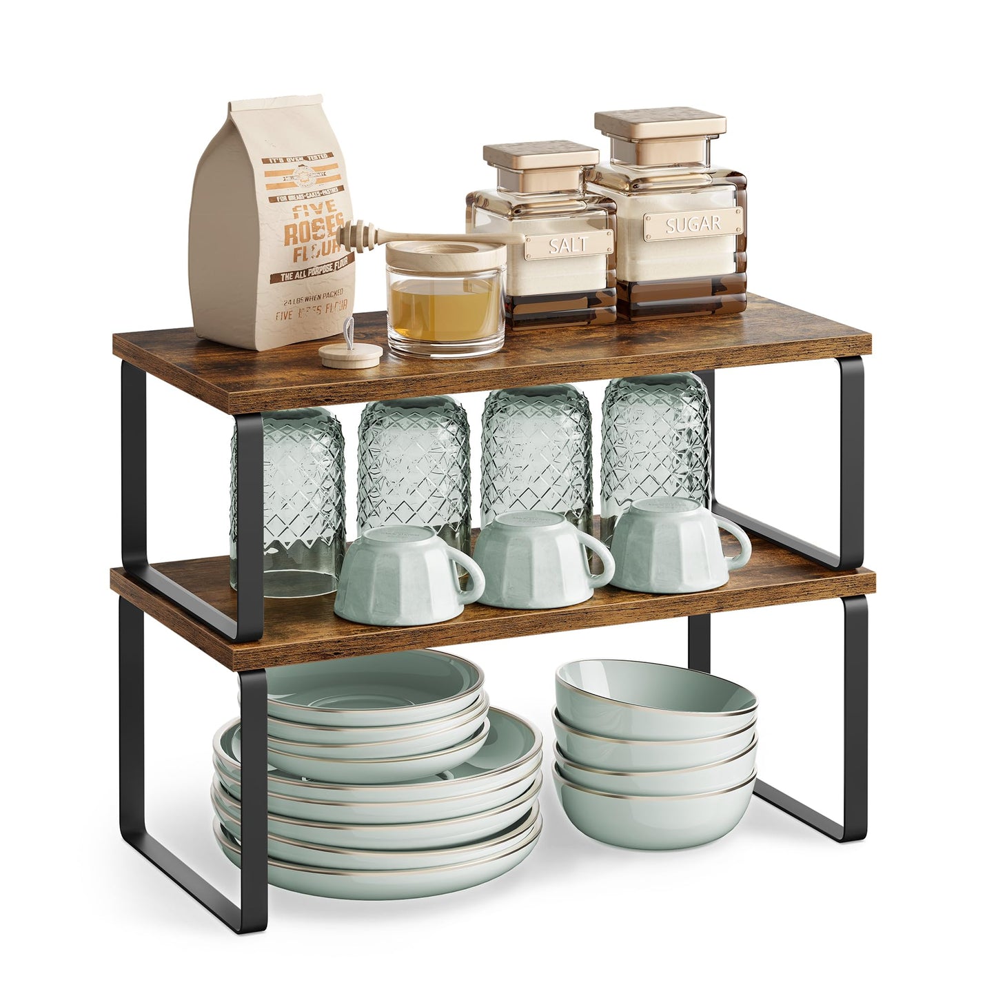 SONGMICS Cabinet Organizer Shelf, Set of 2 Kitchen Counter Shelves, Kitchen Storage, Spice Rack, Stackable, Expandable, Metal and Engineered Wood, Ink Black and Natural Beige UKCS02NB