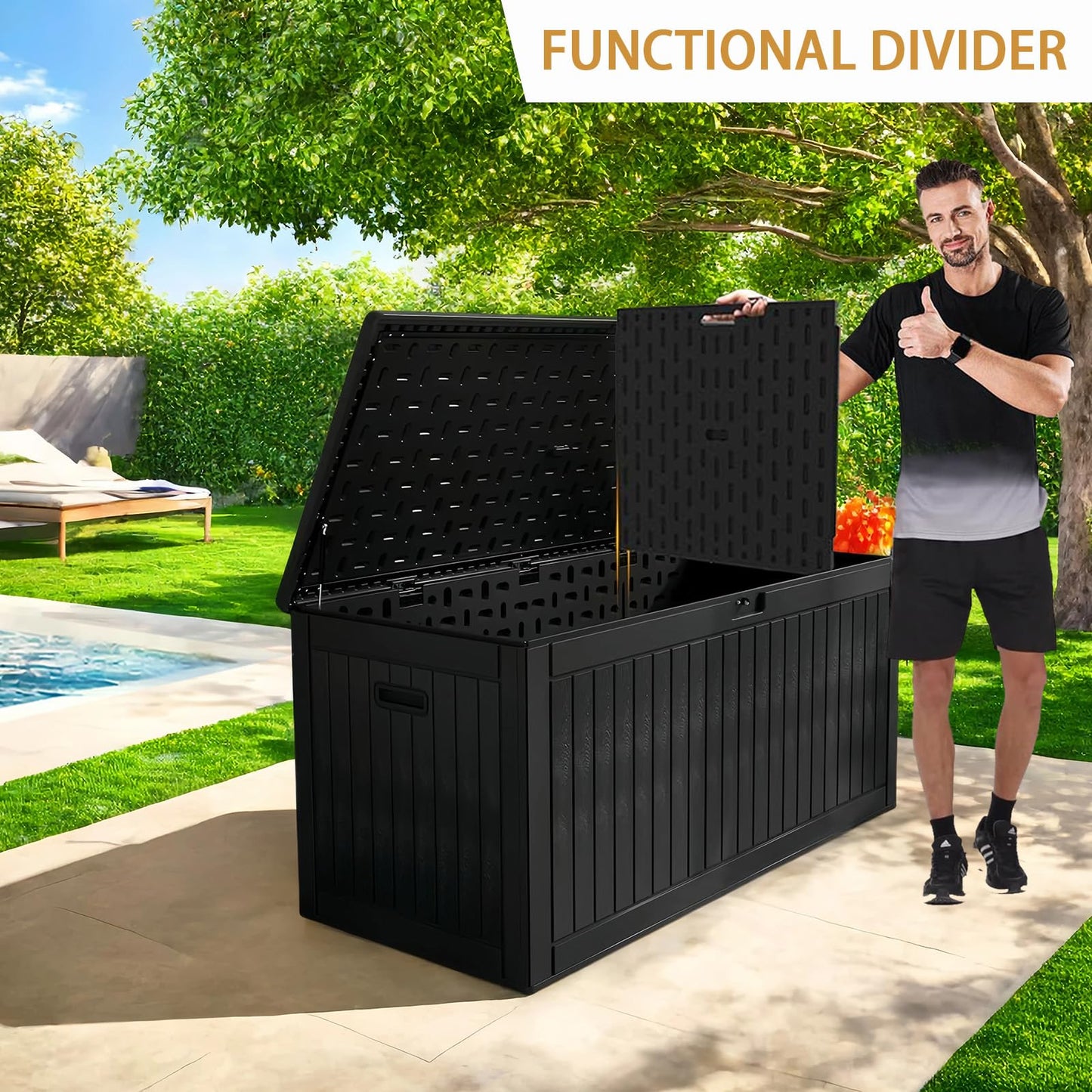 LANTRO JS 230 Gallon Deck Box Waterproof, Outdoor Storage Box Waterproof Lockable with Divider and Lifter Prevent Water Seeping into from Floor for Patio Cushions
