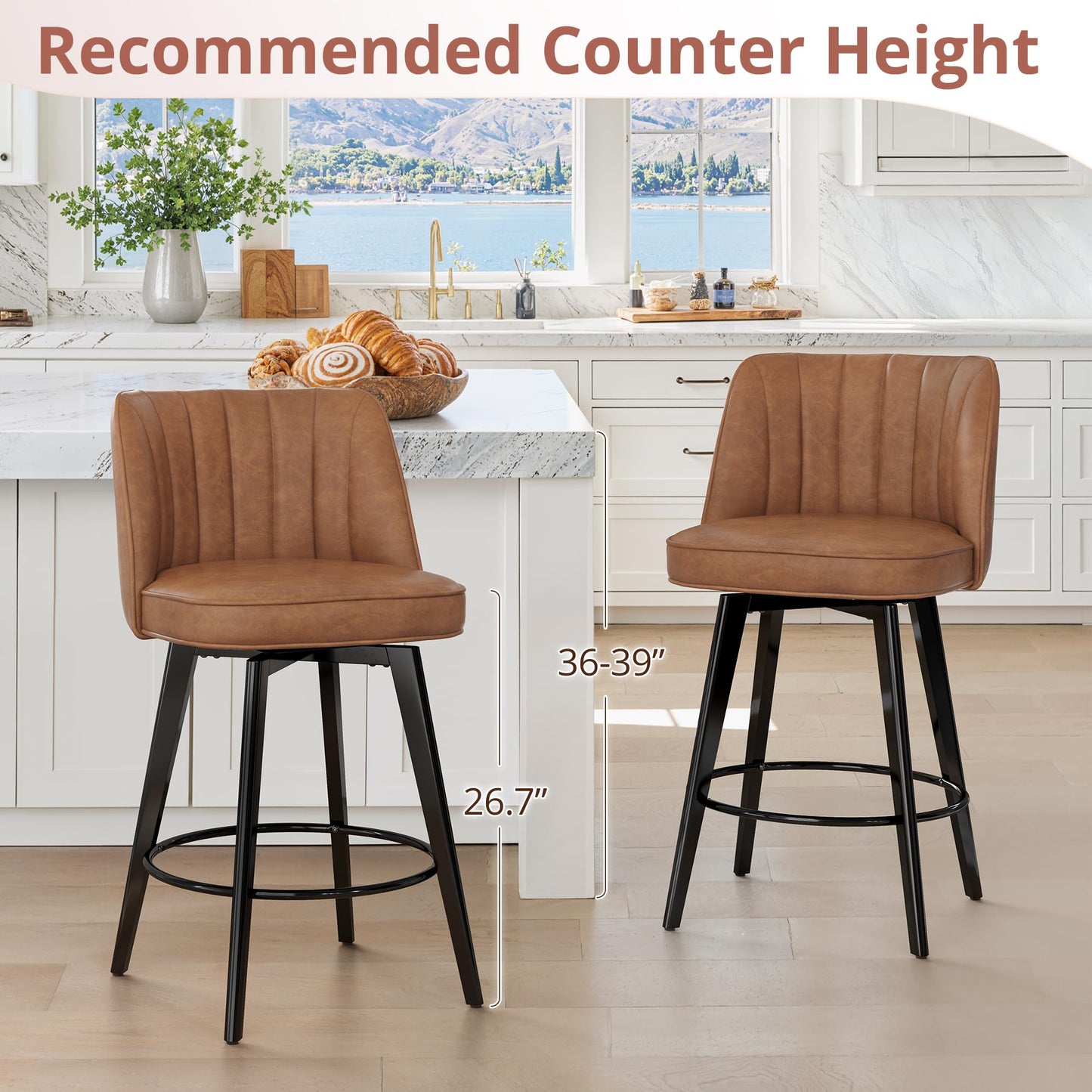 LUE BONA 360° Swivel Leather Bar Stools Set of 3, 26" Counter Height Barstools with Backs and Metal Legs, Modern Upholstered Bar Chairs for Kitchen Island, Brown