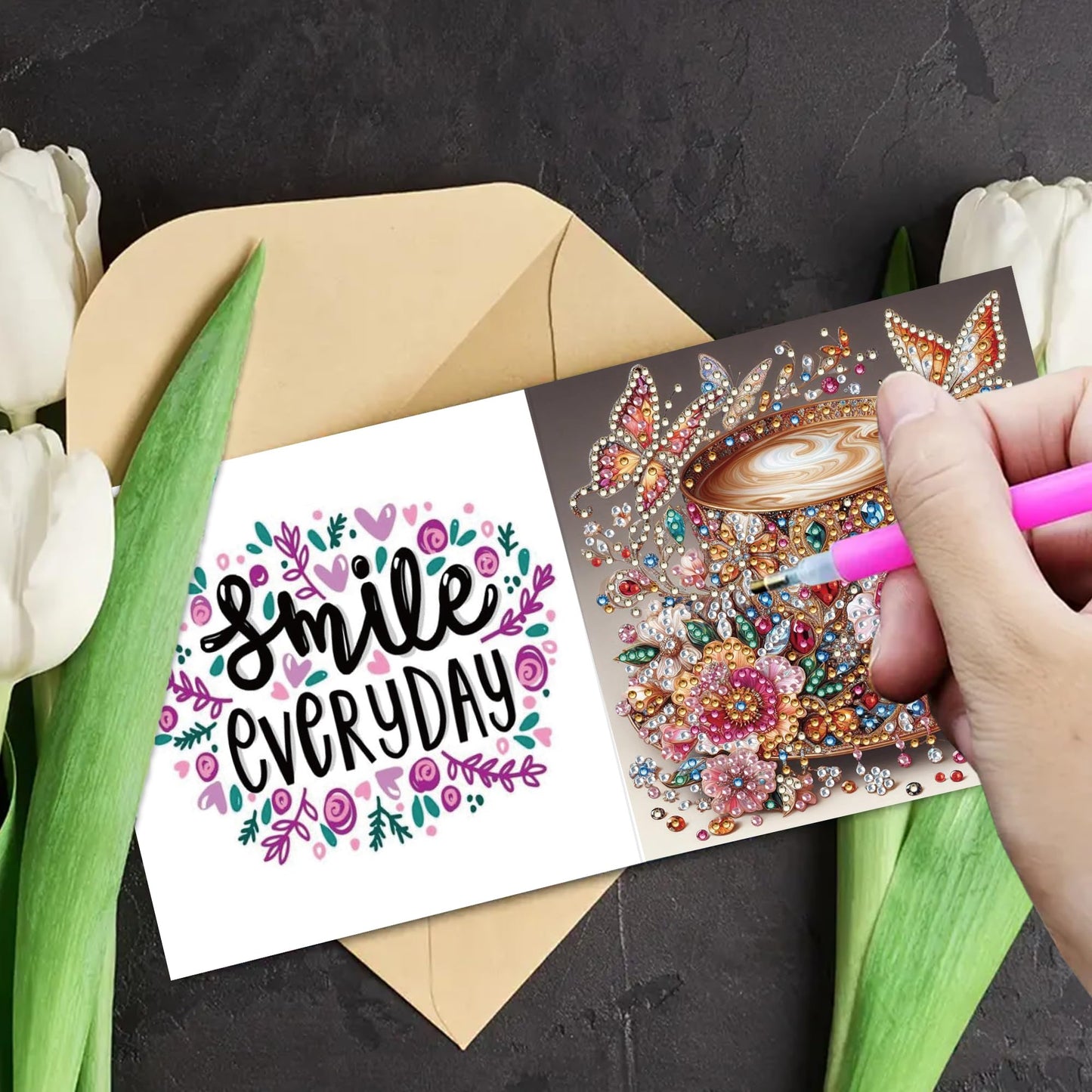 MaiYiYi 6 Pack DIY Coffee Diamond Painting Greeting Cards Kit, Butterfly Diamond Art Greeting Cards, Rose Diamond Painting Cards for Friends Holiday Birthday