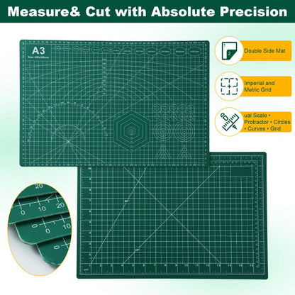 A3 Self Healing Cutting Mat Set, 5 Pack Double-Sided PVC Cutting Mats for Crafts with Inch, Metric, and Angle Guides for Sewing, Quilting, and DIY Cutting